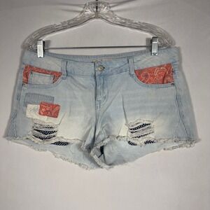 Vtg LEI Ashley Low Rise Denim Mini Shorts 11 Patchwork Paisley Trashy Chic Y2K